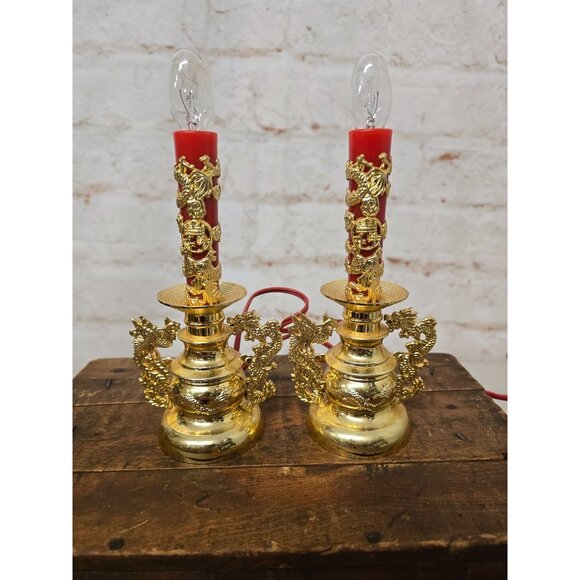 Pair Of Vintage Chinese Style Electric Candle Alter Lamps Dragon Design - Picture 2 of 4